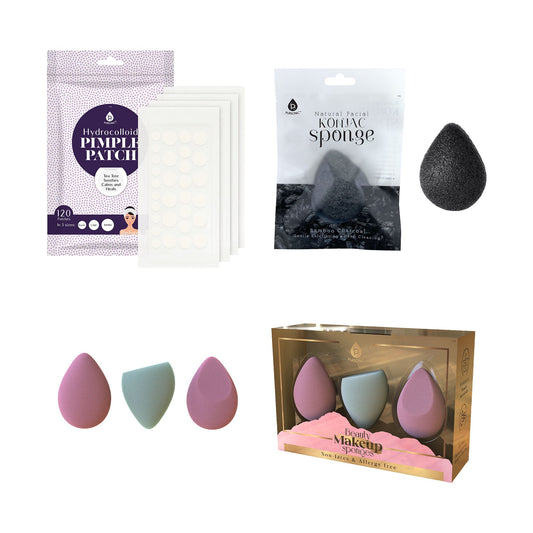 Pursonic Beauty Essentials Bundle – 3-Pack Multi-Shape Makeup Sponges + Natural Bamboo Charcoal Konjac Sponge + 120-Count Hydrocolloid Pimple Patch Set-0
